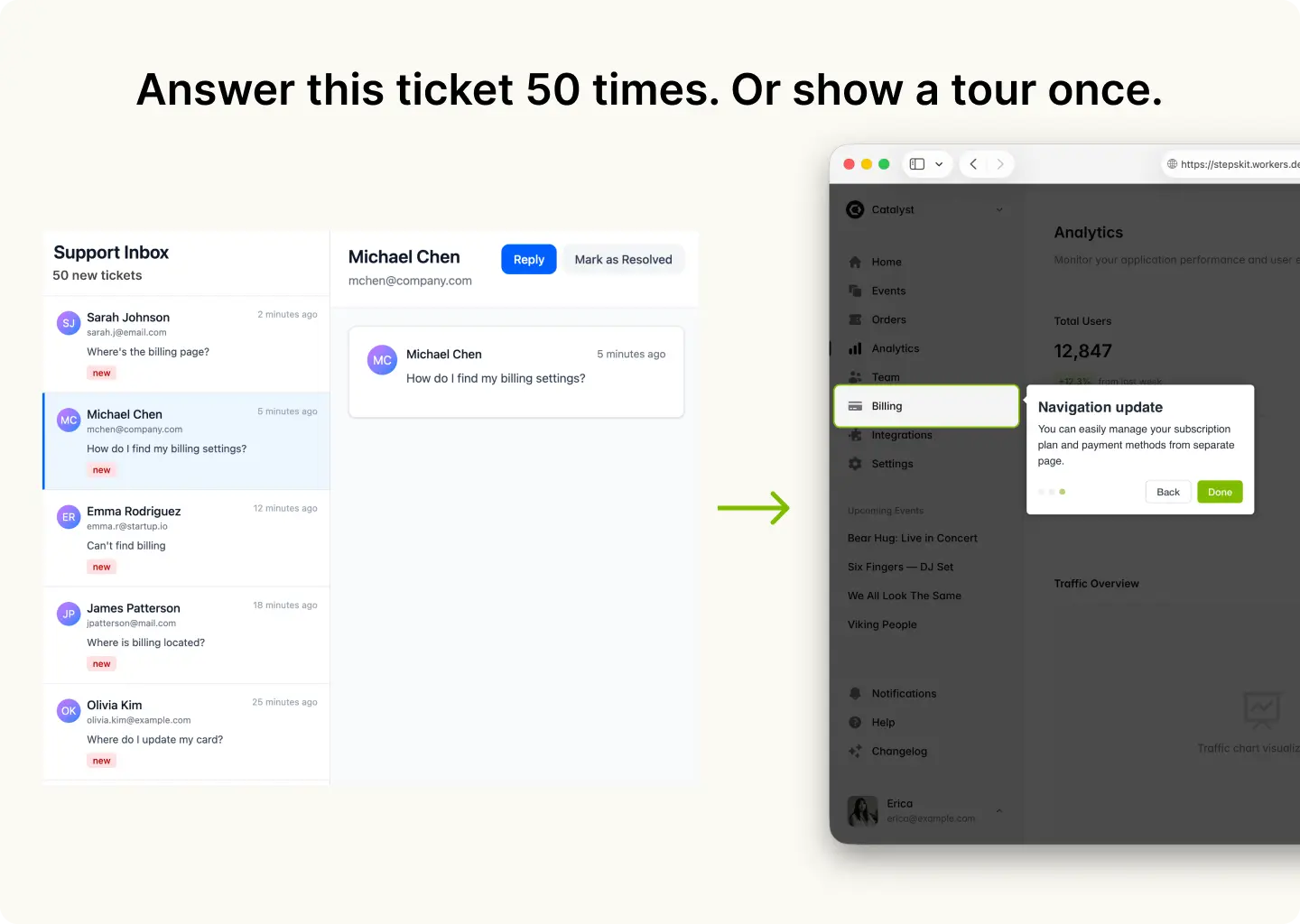 Self-Serve Support — in-app tour example showing StepsKit in action