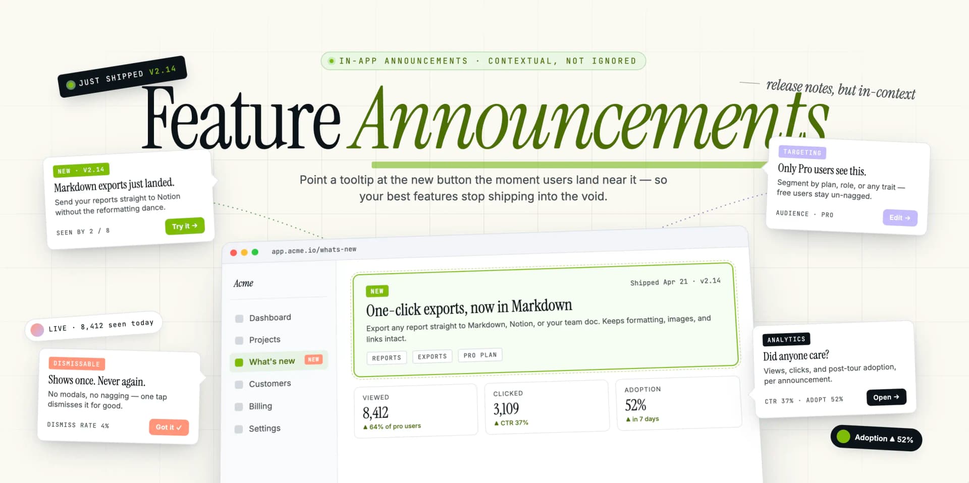 Feature Announcements — in-app tour example showing StepsKit in action