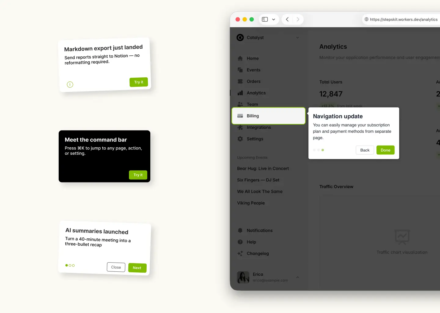 Feature adoption in-app tour highlighting a new dashboard feature