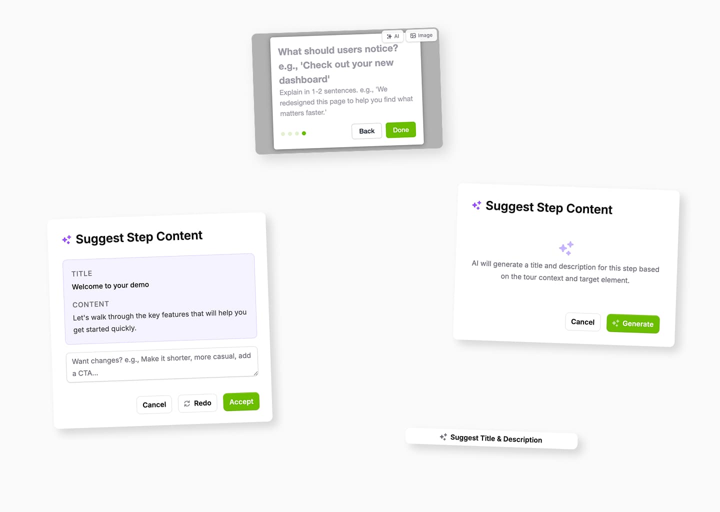 AI Content Assistant dialog in StepsKit's tour builder — generating step titles and descriptions from UI context