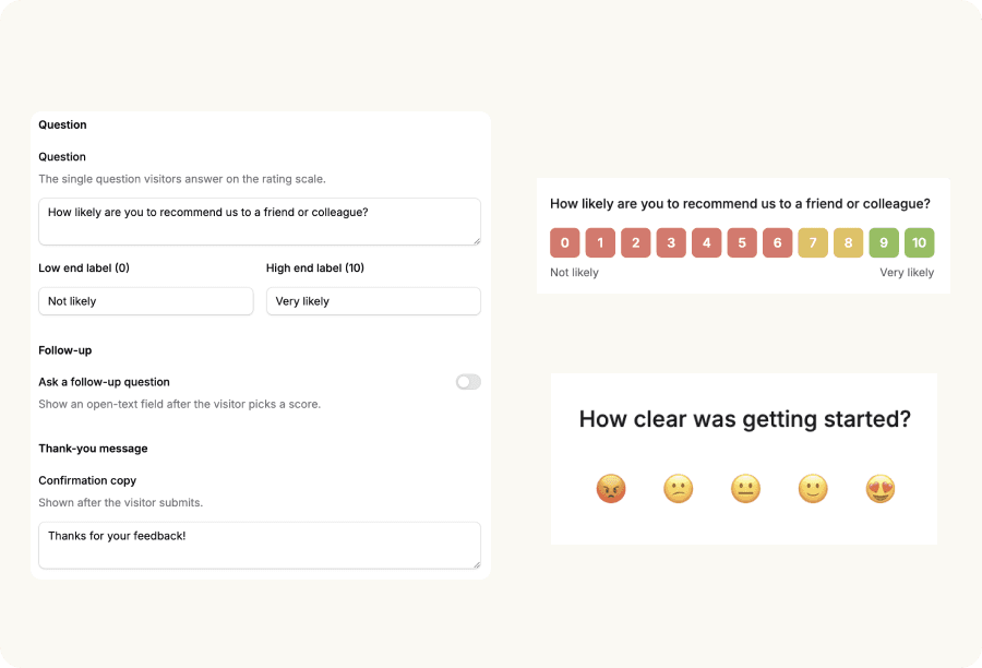 StepsKit's no-code survey builder alongside two live previews: an in-app NPS survey with a color-coded 0–10 recommend scale, and an emoji rating survey asking 'How clear was getting started?'