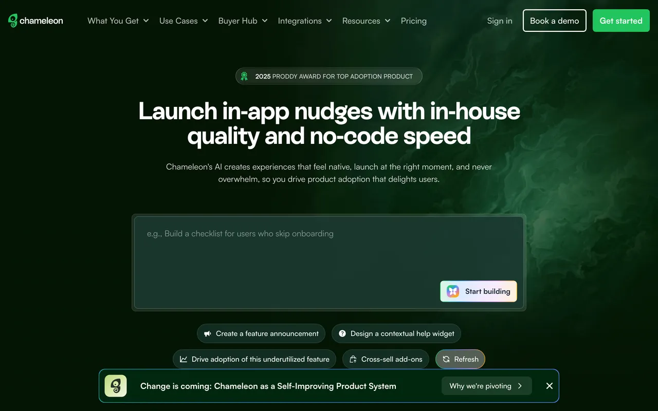 Chameleon homepage headlined 'Launch in-app nudges with in-house quality and no-code speed,' with an AI prompt box for building experiences.