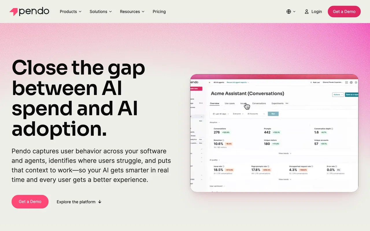 Pendo homepage headlined 'Close the gap between AI spend and AI adoption,' with an analytics dashboard preview.