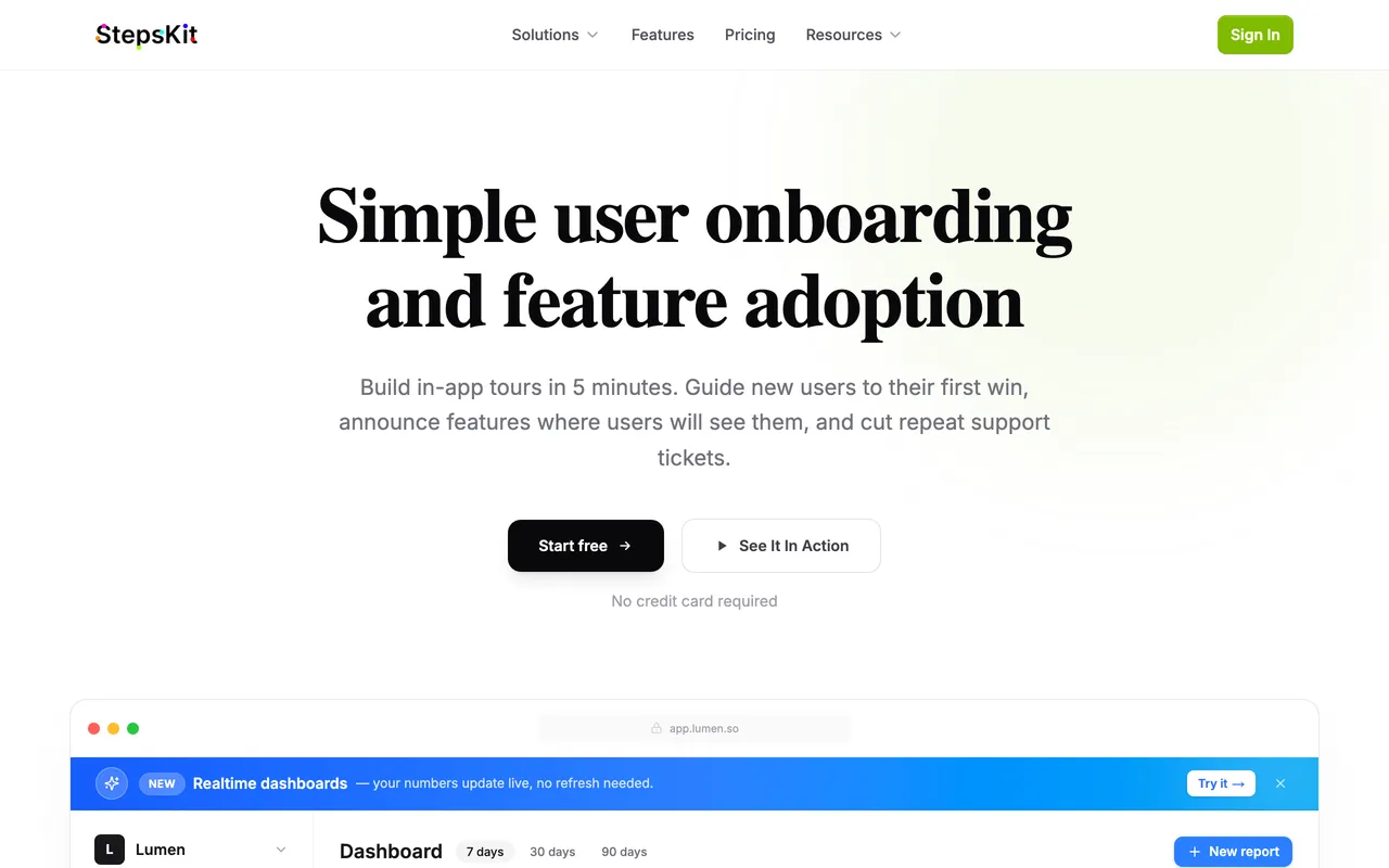 StepsKit homepage headlined 'Simple user onboarding and feature adoption,' with a preview of its in-app tour dashboard.
