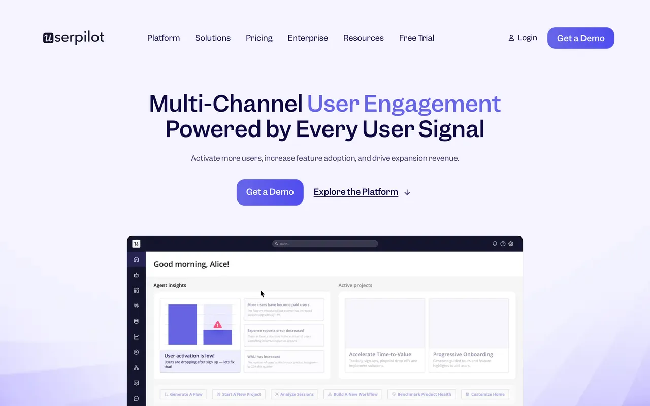Userpilot homepage — 'Multi-Channel User Engagement Powered by Every User Signal' — with a product dashboard preview.