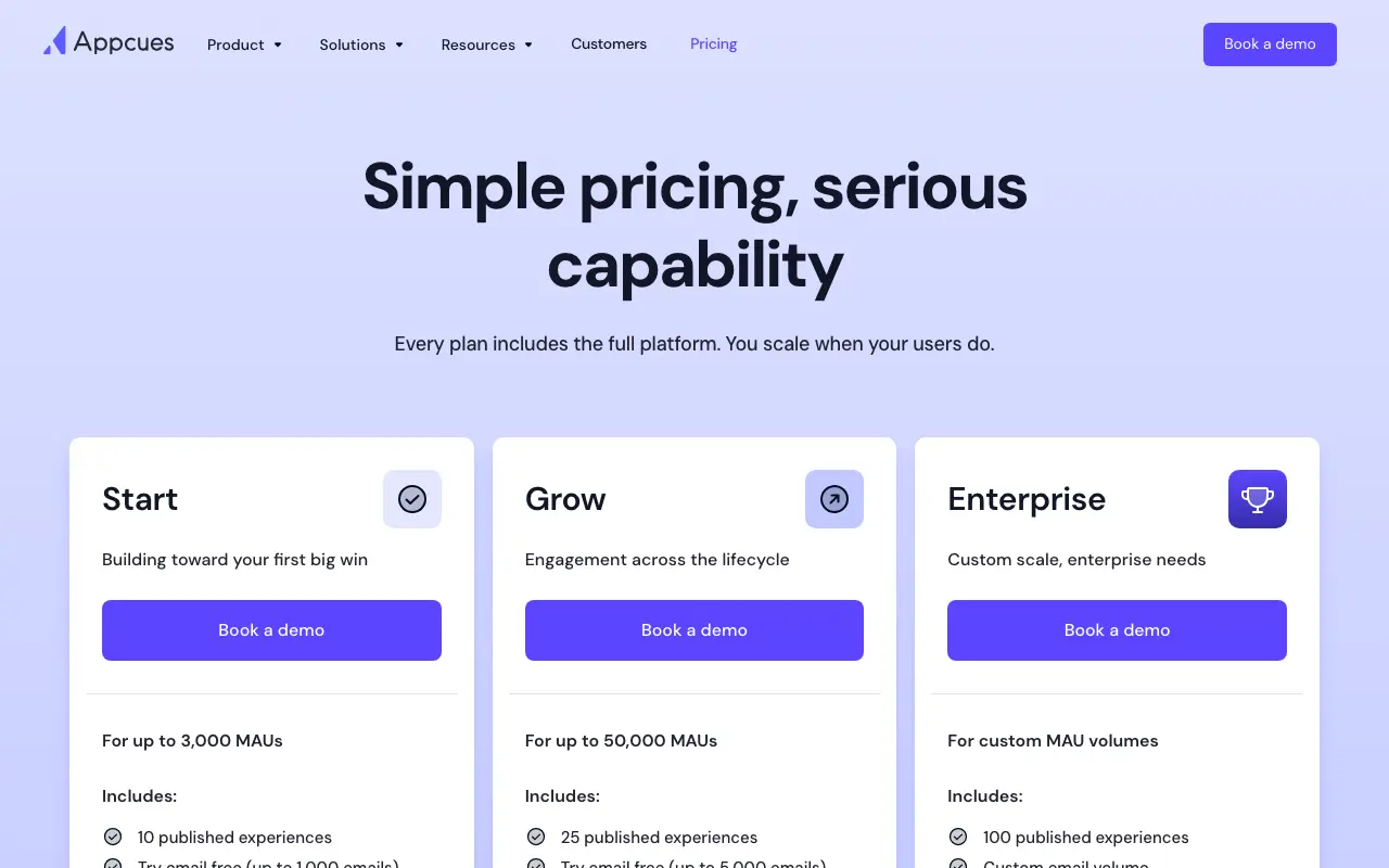 Appcues pricing page with the headline 'Simple pricing, serious capability' and three tier cards — Start, Grow, Enterprise — each showing only a 'Book a demo' button with no published dollar amount.