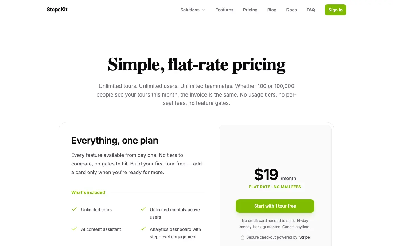 StepsKit pricing page with the headline 'Simple, flat-rate pricing', a single plan at $19/month flat rate (no MAU fees), and unlimited tours, users, and teammates included.