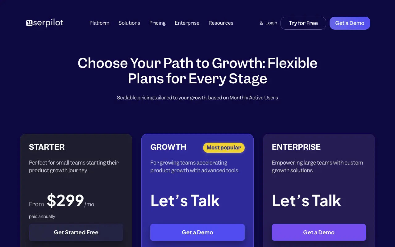 Userpilot pricing page showing three tiers — Starter from $299/month (paid annually), Growth (Let's Talk), and Enterprise (Let's Talk) — under the headline 'Choose Your Path to Growth: Flexible Plans for Every Stage'.