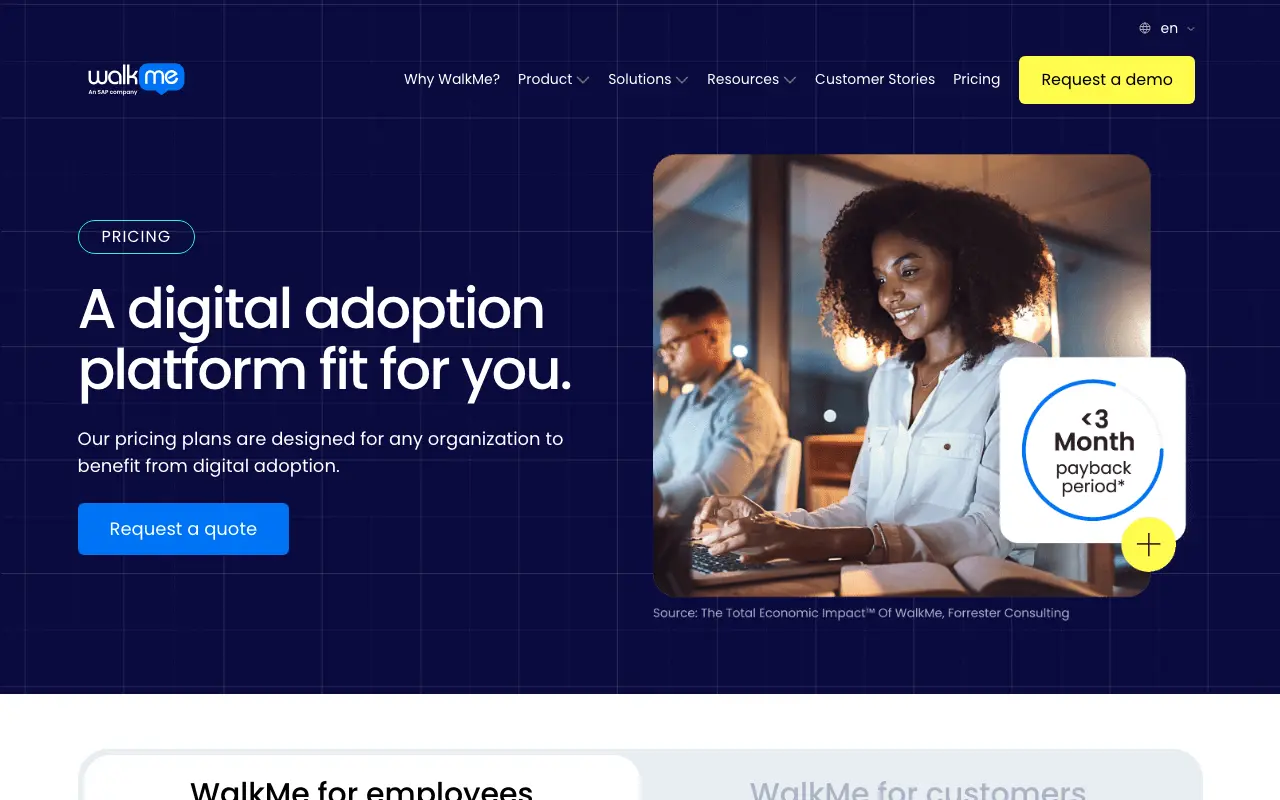 WalkMe pricing page with the headline 'A digital adoption platform fit for you' and a single 'Request a quote' button — no tier structure, no published dollar amounts.