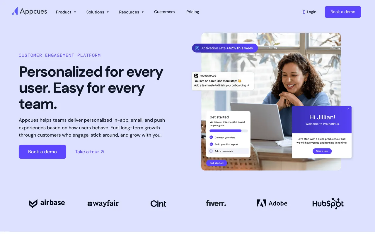 Appcues homepage — 'Personalized for every user. Easy for every team.' — showing in-app onboarding experiences and customer logos.