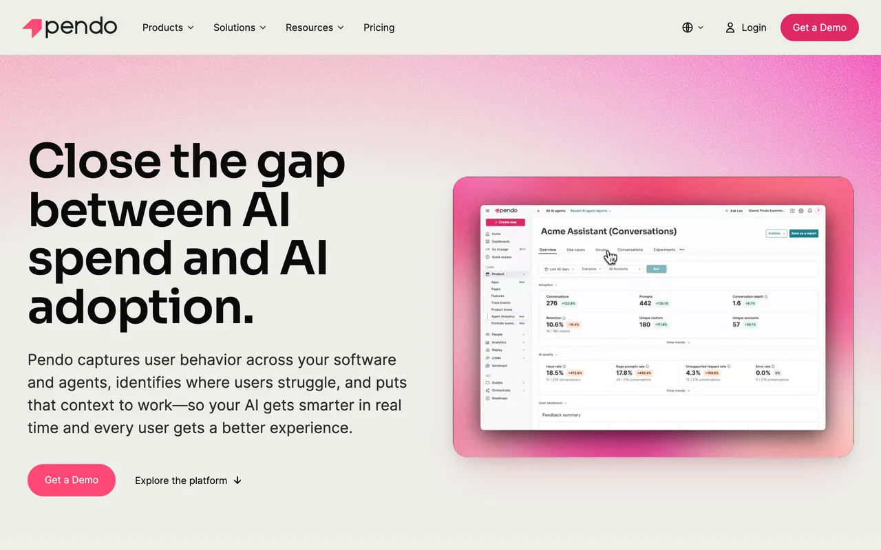 Pendo homepage highlighting its AI-powered product analytics and adoption platform, with a product dashboard preview.