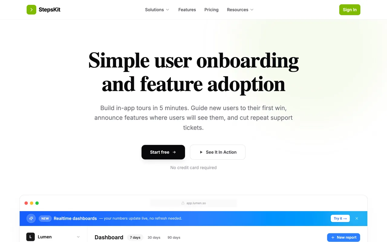 StepsKit homepage headlined 'Simple user onboarding and feature adoption,' with a preview of its in-app tour dashboard.