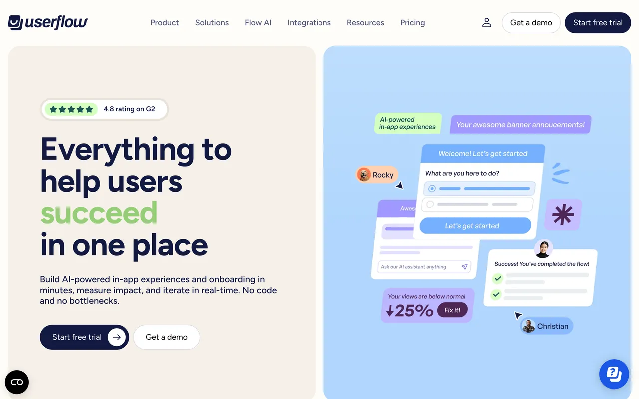 Userflow homepage — 'Everything to help users succeed in one place' — showing AI-powered in-app onboarding experiences.