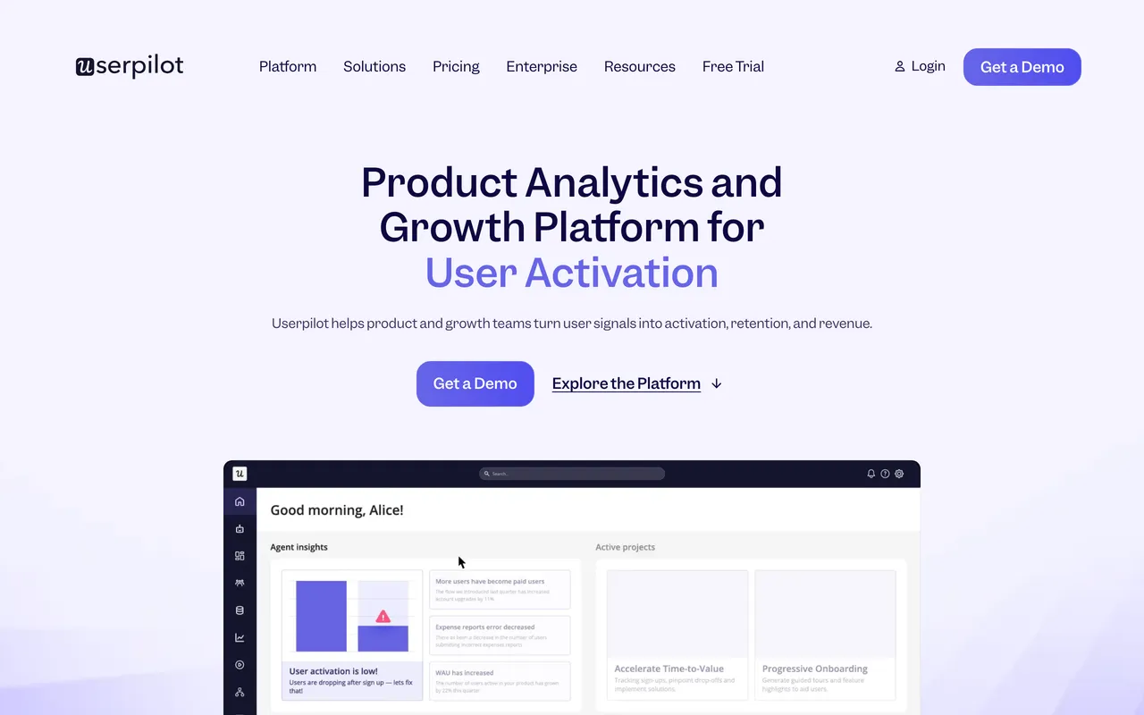 Userpilot homepage — 'Product Analytics and Growth Platform for User Activation' — with a product dashboard preview.