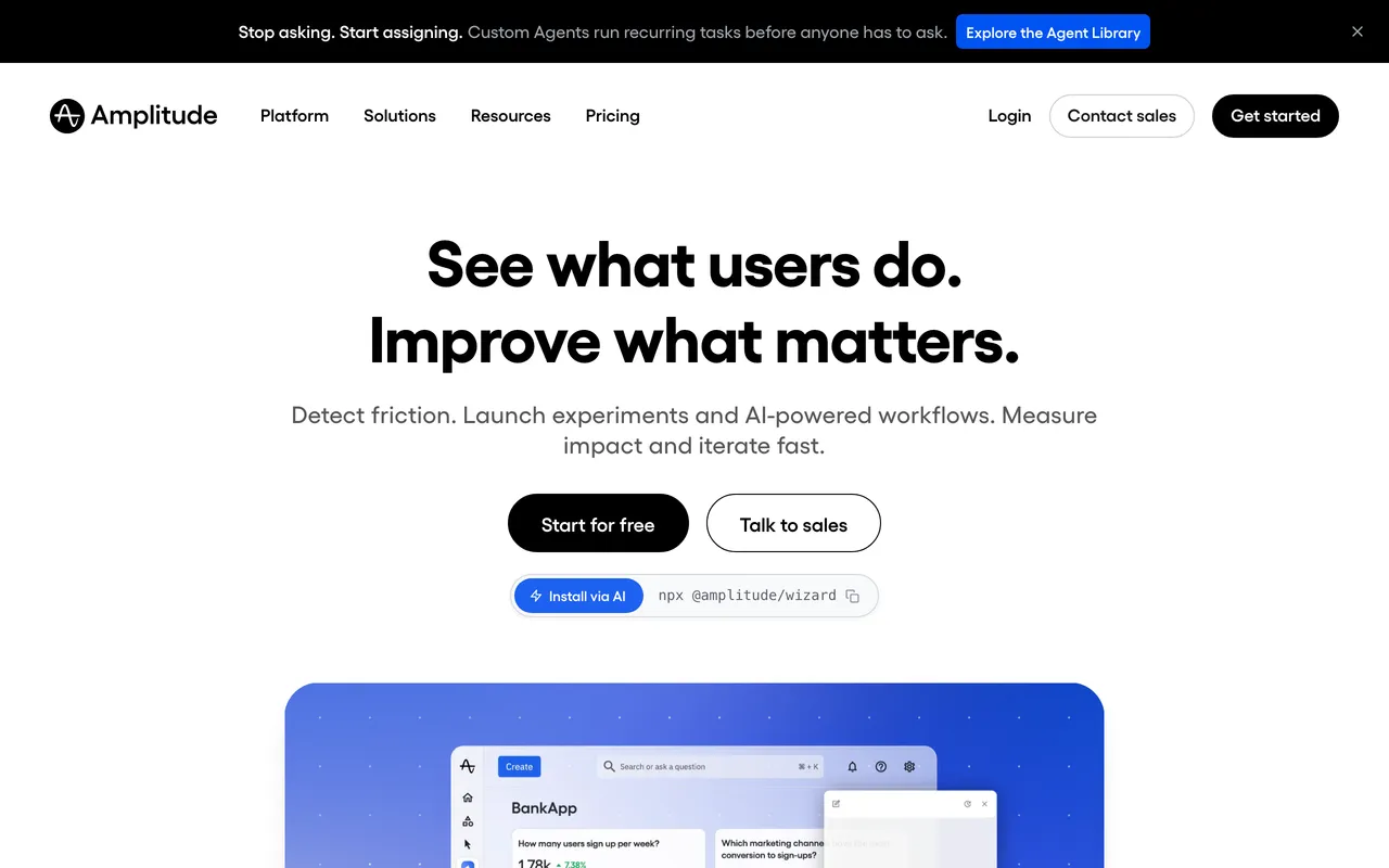 Amplitude homepage — 'See what users do. Improve what matters.' — with an analytics dashboard preview.