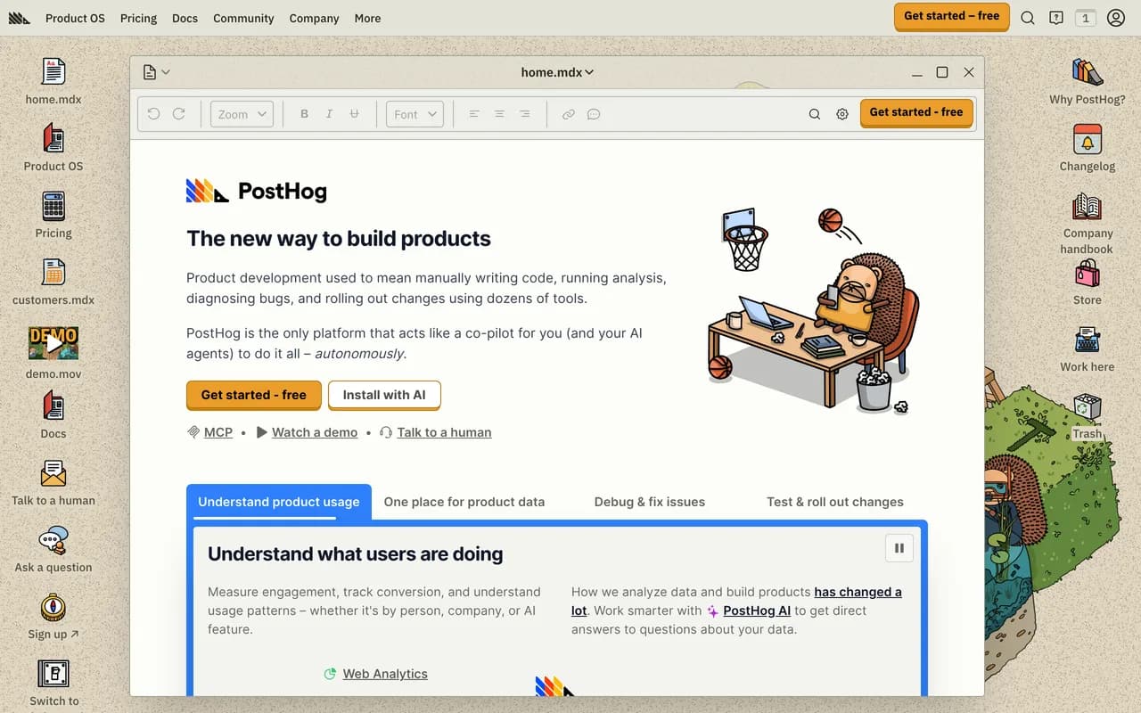 PostHog homepage styled as a retro desktop, headlined 'The new way to build products,' with its all-in-one product suite in the sidebar.