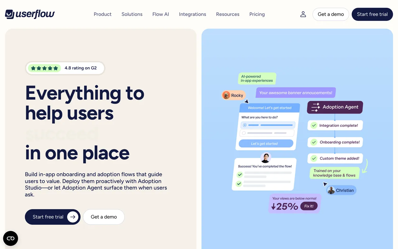 Userflow homepage — 'Everything to help users succeed in one place' — showing its AI Adoption Agent and flow-building interface.