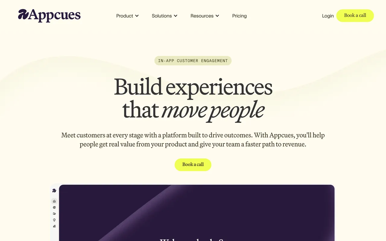 Appcues homepage — 'Build experiences that move people' — promoting in-app customer engagement.