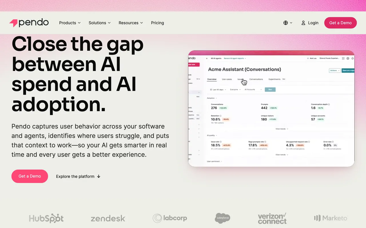 Pendo homepage headlined 'Close the gap between AI spend and AI adoption,' with an analytics dashboard preview.