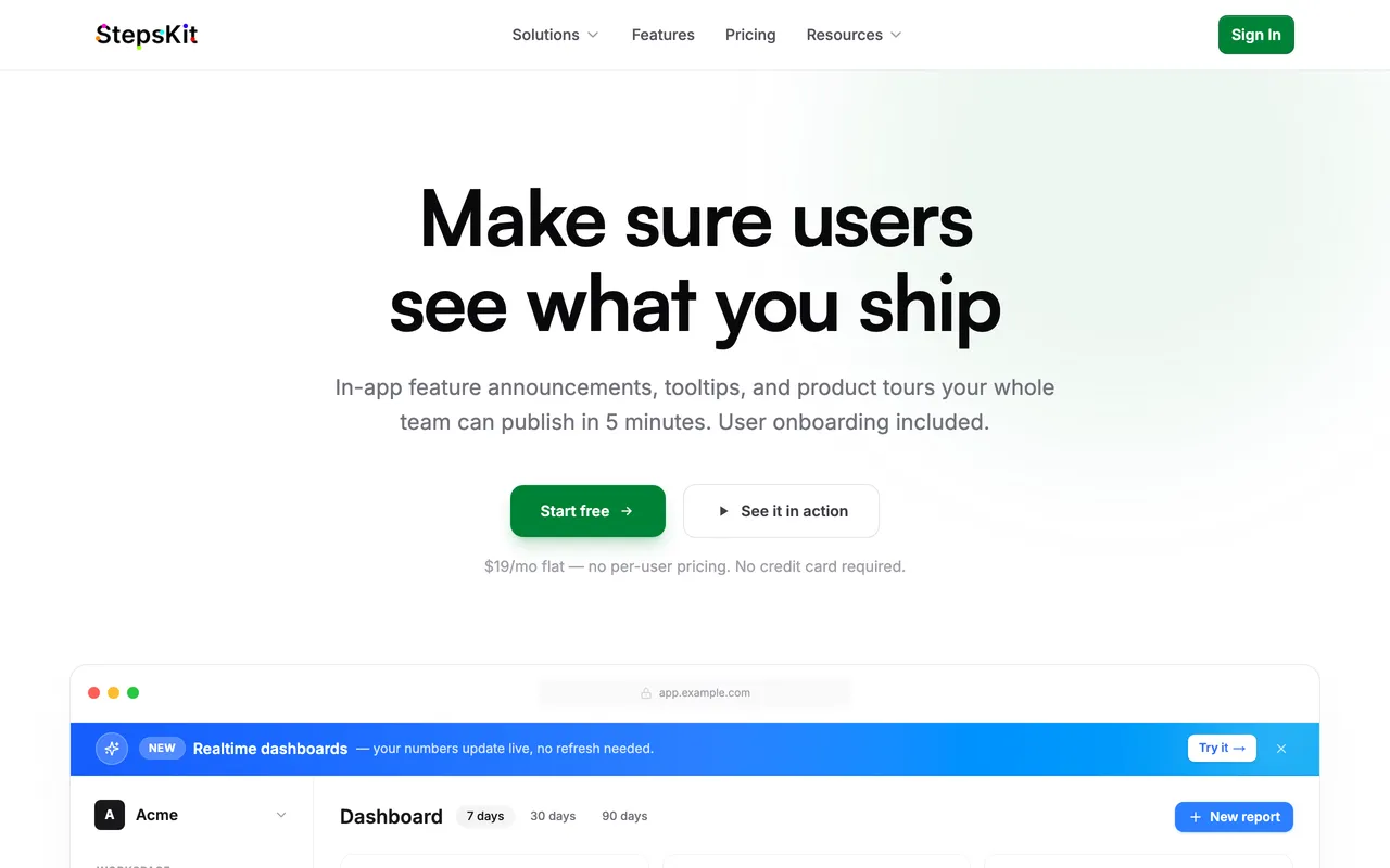 StepsKit homepage headlined 'Make sure users see what you ship,' with a preview of its in-app dashboard.