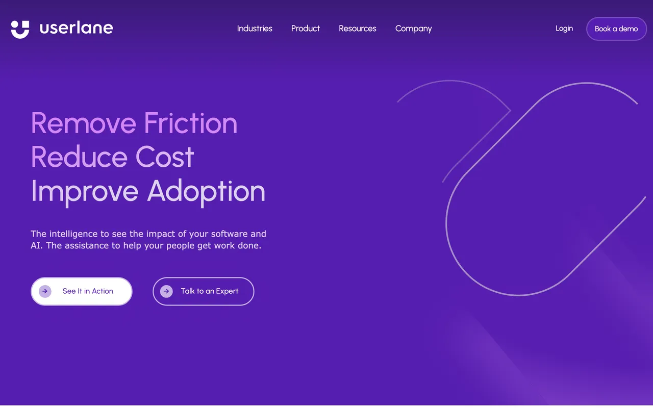 Userlane homepage — 'Remove Friction, Reduce Cost, Improve Adoption' — promoting its digital adoption platform.