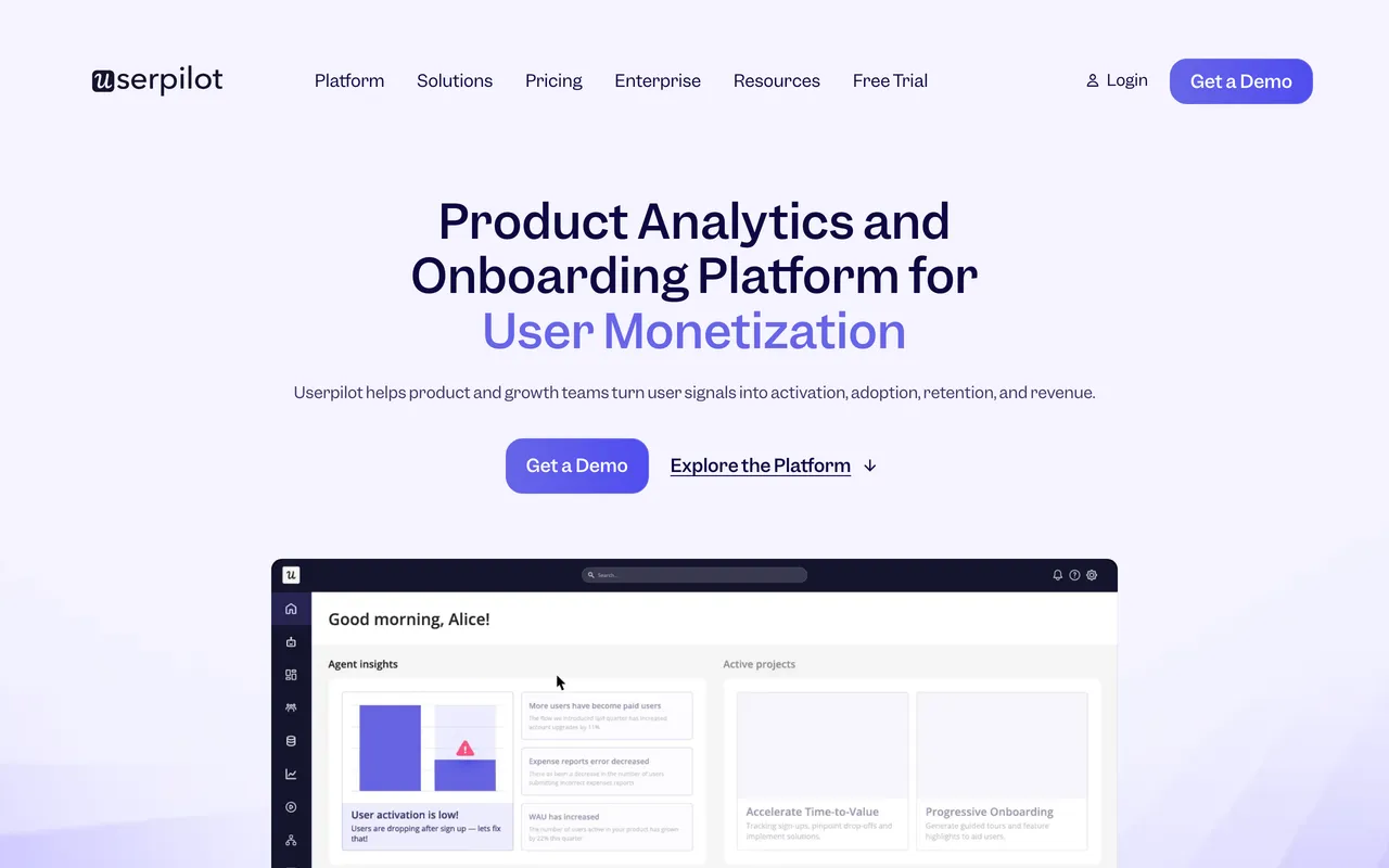 Userpilot homepage — 'Product Analytics and Onboarding Platform for User Monetization' — with a product dashboard preview.