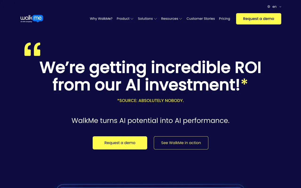 WalkMe homepage — 'WalkMe turns AI potential into AI performance' — promoting its SAP-owned digital adoption platform.