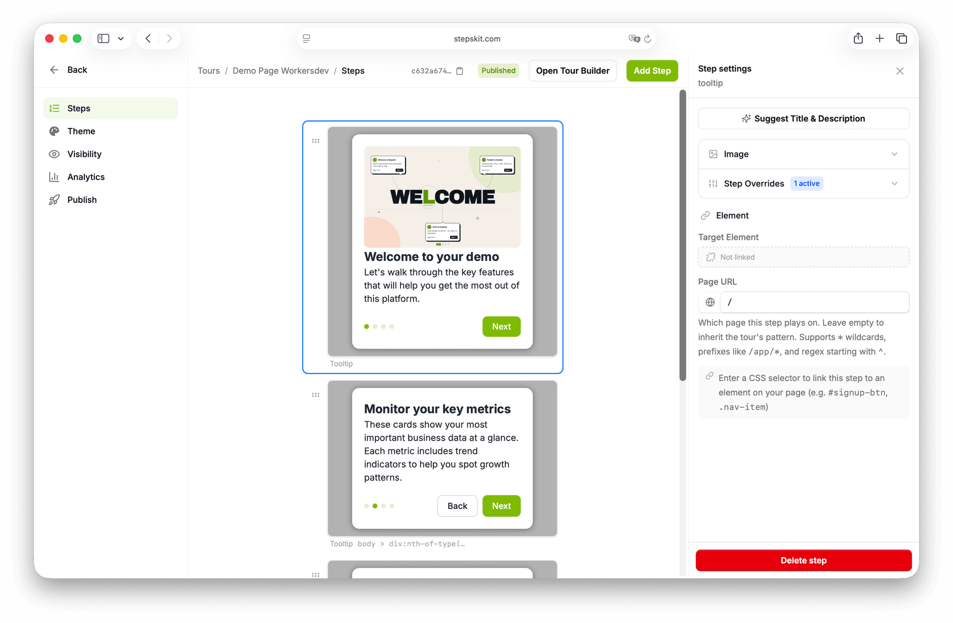 StepsKit visual tour builder canvas: drag-and-drop step cards arranged left to right, each anchored to a real UI element in the connected live app, with inline copy fields and a live popover preview.